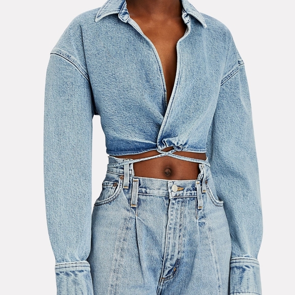 LE JEAN Arielle Cropped Denim Wrap Top Small NWT - Picture 3 of 10